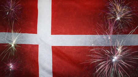 Textile flag of Denmark with firework grunge concept seamless close up with wind waves in the real...