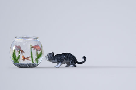 A cat watching the movement of a goldfish in a goldfish bowl.3D illustration 3D renderingの写真素材