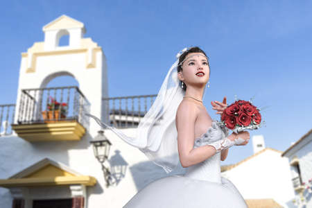 A dainty bride holding her bouquet and gazing outdoors into a happy future.3D illustration 3D renderingの写真素材