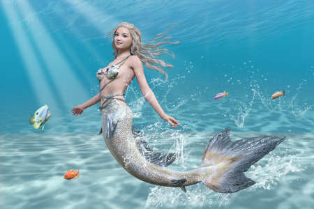 A cute mermaid swims gracefully with her fellow fishes at the bottom of the sea.3D illustration 3D renderingの写真素材