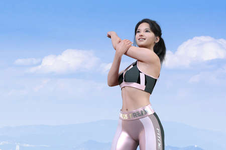 A young woman in a sports jersey for fitness training under a blue sky smiles and stretches her arm...