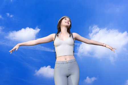 A young tourist woman enjoying nature in a magnificent summer setting.3D illustration 3D rendering