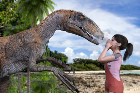 A young girl comes to a deserted island during summer vacation and is surprised when a dinosaur suddenly appears out of the woods.3D illustration 3D renderingの写真素材