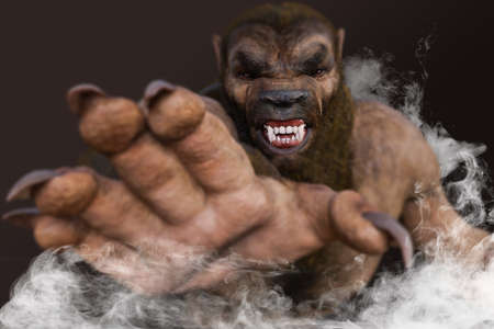 The werewolf puts out its fangs and holds one hand out in front of it threateningly.3D illustration 3D renderingの写真素材