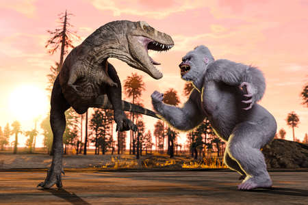 A tyrannosaurus and a large white gorilla compare their strength against a beautiful morning...
