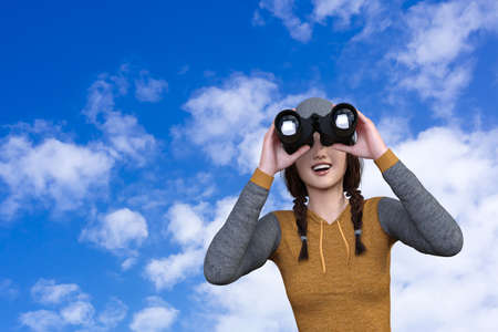 A girl with braids wearing a knit hat is looking into the distance with binoculars under a blue sky.3D illustration 3D renderingの写真素材