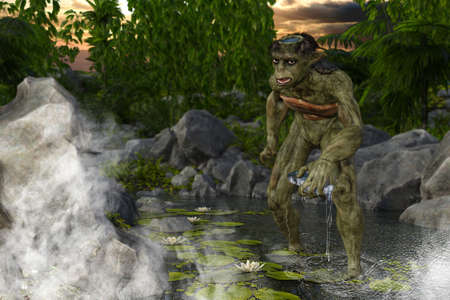 An eerie kappa stands alone in a pond of lotus leaves at dusk, holding a captured fish in one hand.3D illustration 3D renderingの写真素材