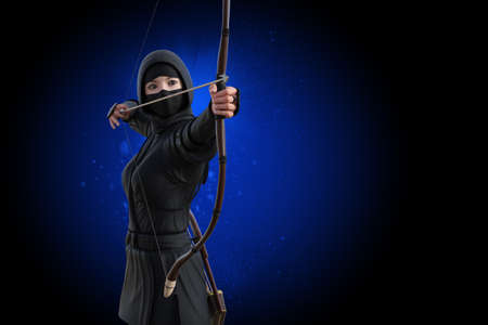 A female ninja, her face hidden by a hood, shoots a distant enemy with a bow and arrow.3D illustration 3D renderingの写真素材
