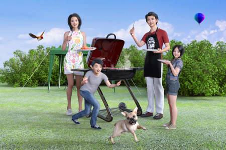 Enjoying a family barbecue at a campground.3D illustration 3D renderingの写真素材