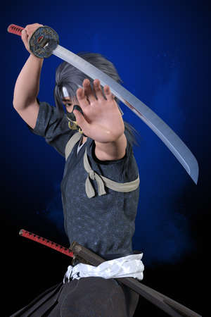 A young warrior wearing an ogre's mask and hiding his face holds his sword and tries to block the enemy's attack.3D illustration 3D renderingの写真素材