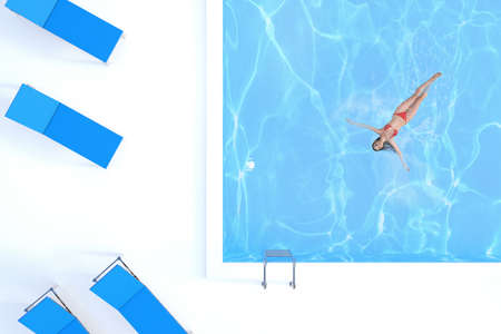 A dark-haired woman in a bikini is floating comfortably in the water at a beautiful blue rooftop pool in a skyscraper.3D illustration 3D renderingの写真素材