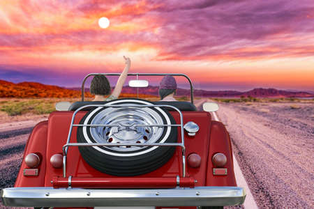 A young woman enjoying a drive toward the sunset in a bright red two-seater classic car.3D...
