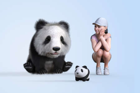 A giant panda happily looking at a panda doll and a cute girl sitting next to the giant panda and looking at it curiously.3D illustration 3D renderingの写真素材