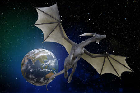 A big dragon spreads its wings from the earth and flies off into space.3D illustration 3D rendering