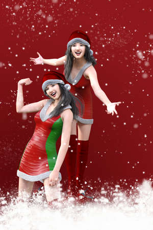 Pretty, smiling young women in Christmas costumes pose for us.3D illustration 3D renderingの写真素材