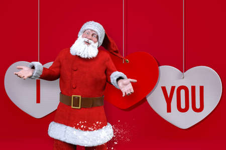 Santa Claus smiles with open arms in front of a heart-shaped message that reads "I love you."3D illustration 3D renderingの写真素材