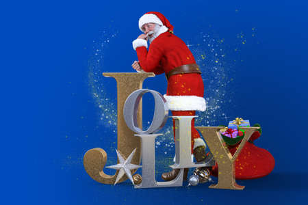 Against a sparkling blue background, a beard-touching Santa Claus stands elbow to elbow on a block shaped like the letters JOLLY.3D illustration 3D renderingの写真素材