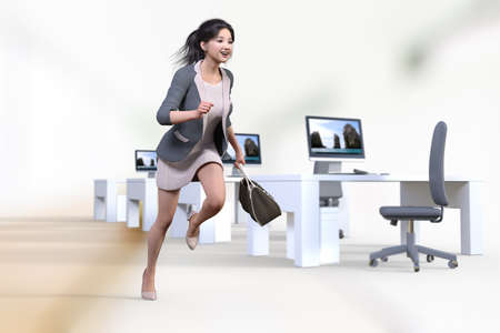 A female employee in a one-piece dress runs energetically with a smile through an office lined with computers.3D illustration 3D renderingの写真素材