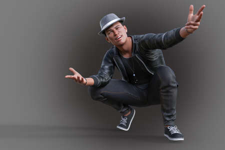 Black man in hat singing a hip-hop rhythm song, squatting, arms outstretched, winking.3D...