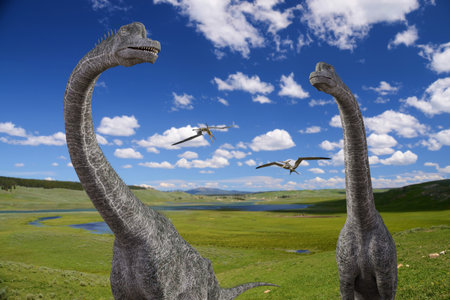Pteranodon flying behind Brachiosaurus walking in the magnificent nature.3D illustration 3D...