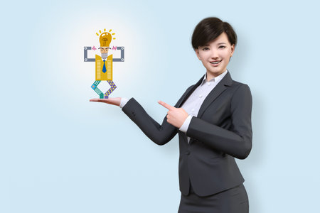 Businesswoman pointing to a character transmitting an idea in the palm of her hand.3D illustration 3D rendering ,の写真素材