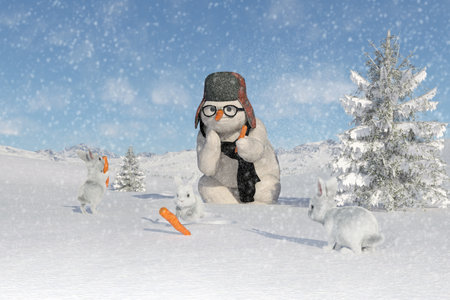 A rabbit who sees a carrot in a snowman's nose and wants his favorite carrotの写真素材