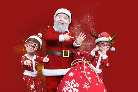Cute children delighting with Santa Claus and presentsの写真素材