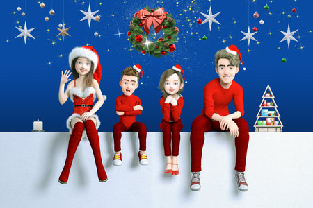 Family happy to sit on the fence in Christmas costumeの写真素材
