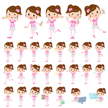 Set of various poses of Pop idol in pink costumeのイラスト素材