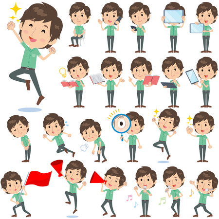 Set of various poses of Green shortsleeved shirt Men 2のイラスト素材