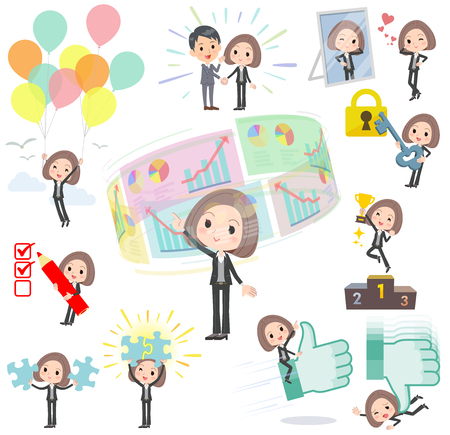 Set of various poses of Black jacket pants business woman success & positiveのイラスト素材