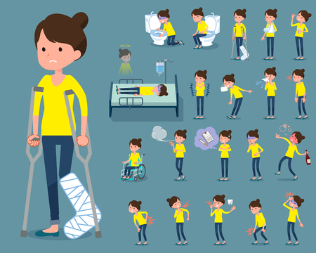 Set of various poses of flat type Bun hair mom sicknessのイラスト素材