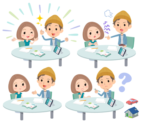 Set of various poses of meeting lecture young couple_1のイラスト素材