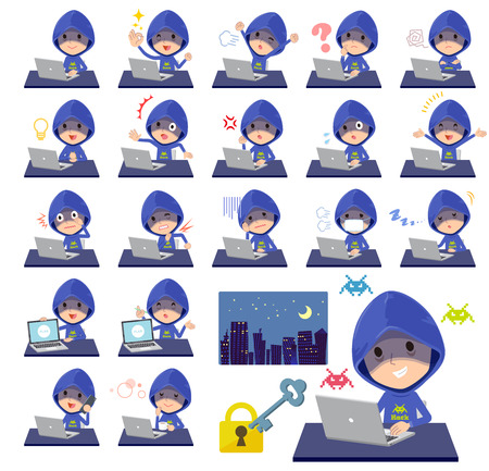 Blue hacker men at desk working.のイラスト素材