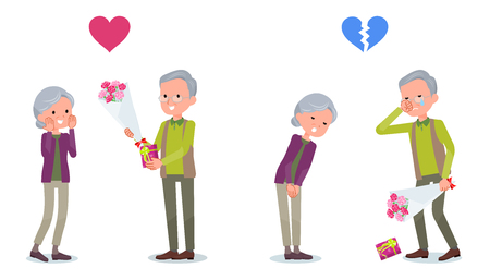 old man giving flowers to old woman. old woman rejects old man. set Vector illustration.のイラスト素材