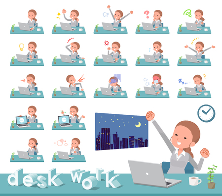 A set of women on desk work.There are various actions such as feelings and fatigue.It's vector art so it's easy to edit.のイラスト素材