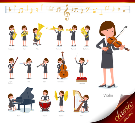 A set of women on classical music performances. There are actions to play various instruments such as string instruments and wind instruments. It's vector art so it's easy to edit.のイラスト素材