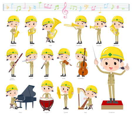 A set of working women on classical music performances.There are actions to play various instruments such as string instruments and wind instruments.It's vector art so it's easy to edit.のイラスト素材