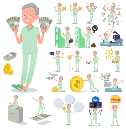 A set of patient old man with concerning money and economy.There are also actions on success and failure.It's vector art so it's easy to edit.のイラスト素材