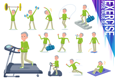 A set of old men in sportswear on exercise and sports.There are various actions to move the body healthy.It's vector art so it's easy to edit.のイラスト素材