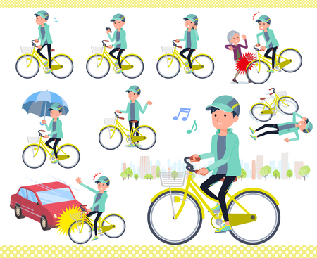 A set of men in sportswear riding a city cycle.There are actions on manners and troubles.It's vector art so it's easy to edit.のイラスト素材