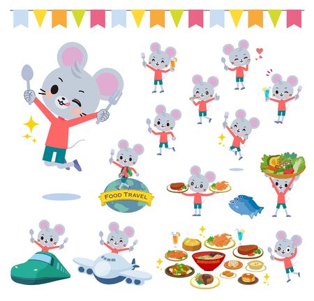 A set of mouse boy on food events.There are actions that have a fork and a spoon and are having fun.It's vector art so it's easy to edit.のイラスト素材