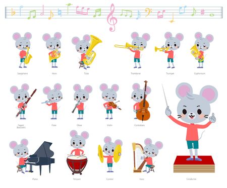 A set of mouse boy on classical music performances.There are actions to play various instruments such as string instruments and wind instruments.It's vector art so it's easy to edit.のイラスト素材