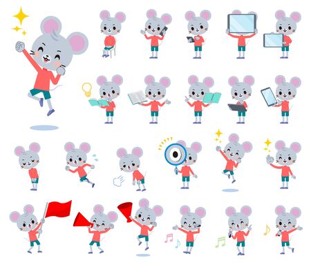 A set of mouse boy with digital equipment such as smartphones.There are actions that express emotions.It's vector art so it's easy to edit.のイラスト素材