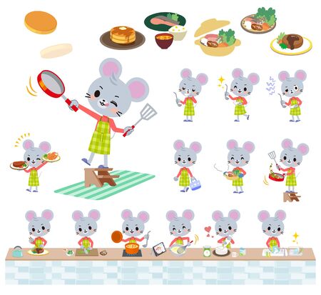 A set of mouse boy about cooking.There are actions that are cooking in various ways in the kitchen.It's vector art so it's easy to edit.のイラスト素材