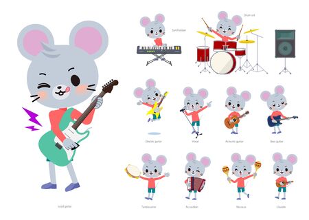 A set of mouse boy playing rock 'n' roll and pop music.There are also various instruments such as ukulele and tambourine.It's vector art so it's easy to edit.のイラスト素材