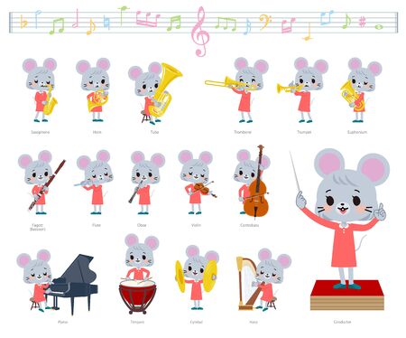 A set of mouse girl on classical music performances.There are actions to play various instruments such as string instruments and wind instruments.It's vector art so it's easy to edit.のイラスト素材