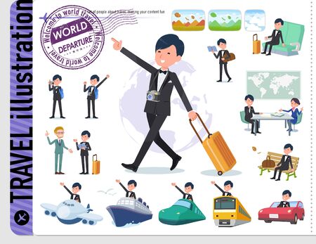 A set of tuxedo man on travel.There are also vehicles such as boats and airplanes.It's vector art so it's easy to edit.のイラスト素材
