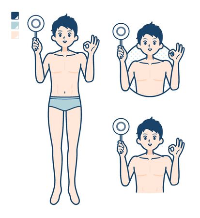 A young man in a underwear with Put out a circle panel image.
It's vector art so it's easy to edit.のイラスト素材