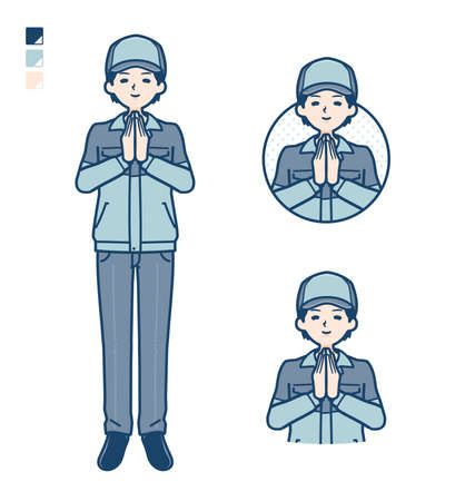 A Man wearing workwear with press hands in prayer images.
It's vector art so it's easy to edit.のイラスト素材